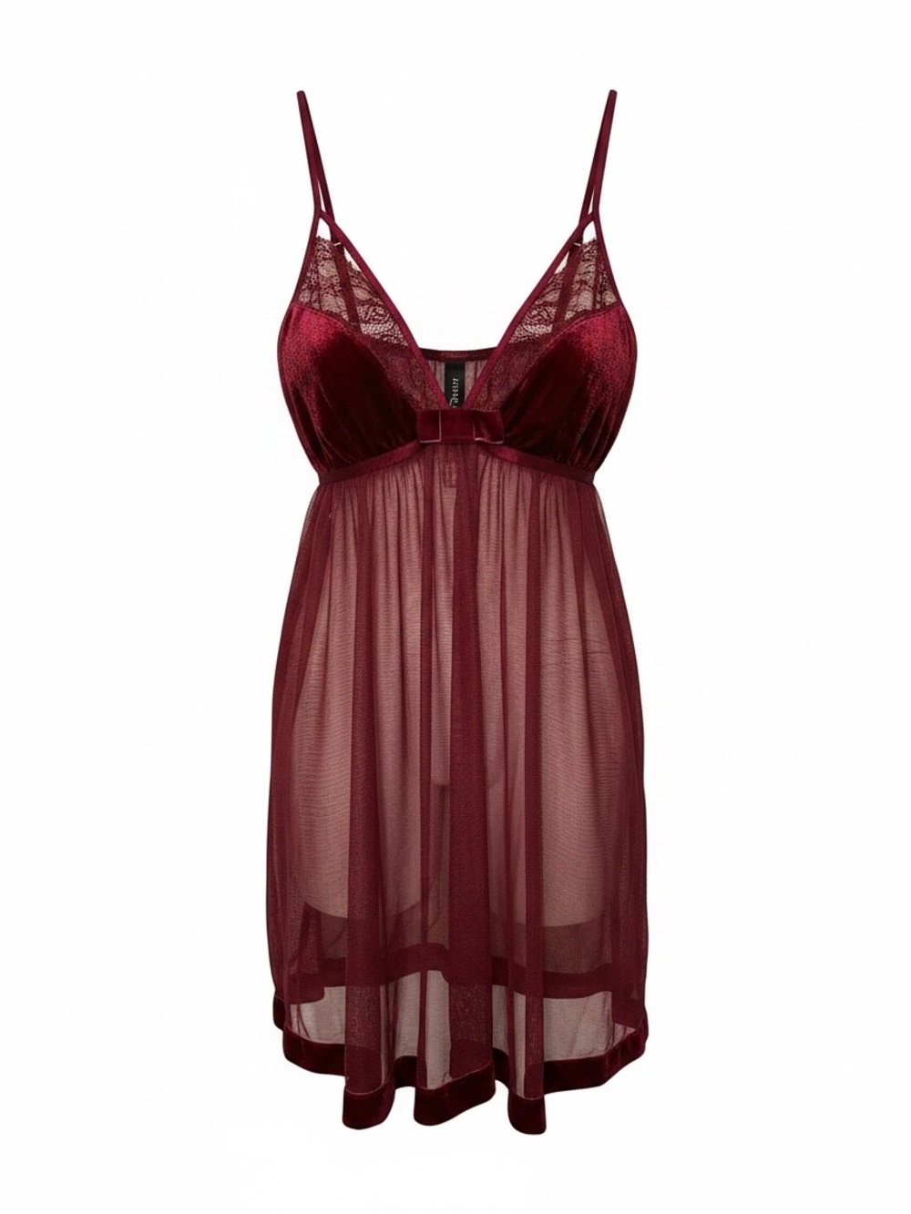 Adore Me Burgundy Sheer Lace with Velvet Ribbon Accent Babydoll Chemise
